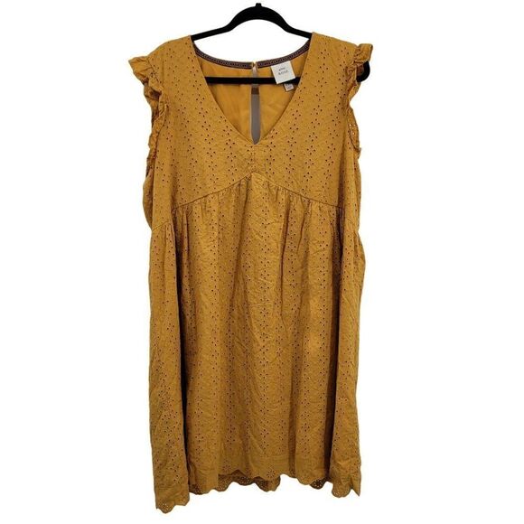 Knox Rose Baby Doll‎ Dress XXL Mustard Ruffle Flutter Short Sleeve Eyelet A-Line - Picture 2 of 13